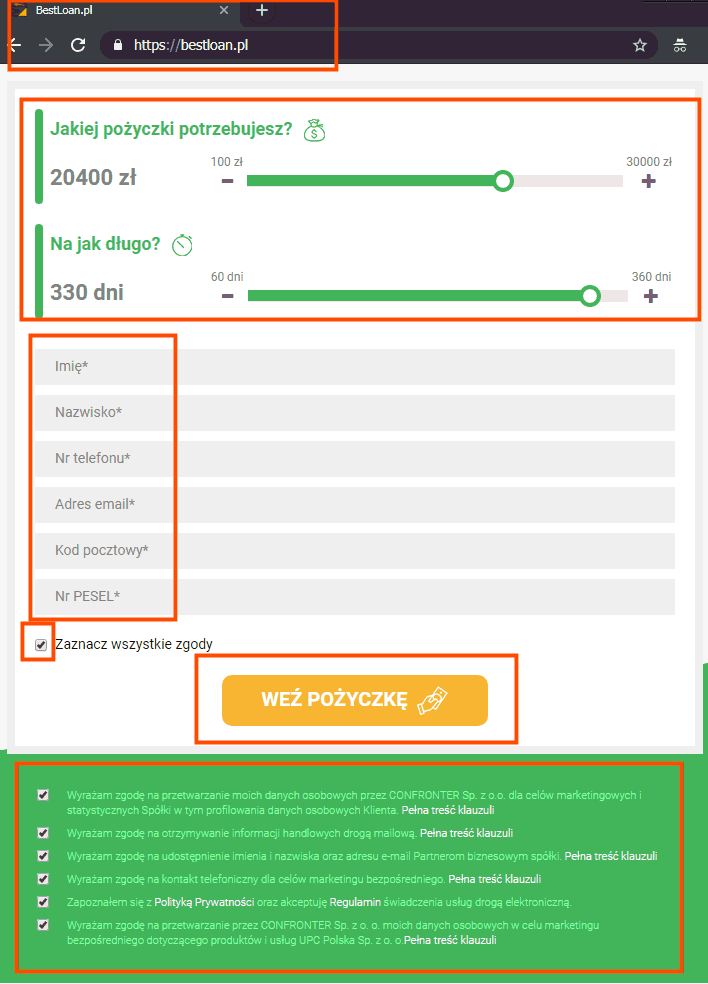 Zgody na przetwarzanie danych osobowych przez Best Loan i 110 innych firm